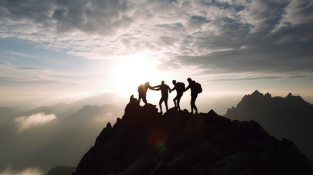 A silhouette of four men or hikers helping one another climb up to the top or peak of a mountain successfully, showcasing the power of teamwork and collaboration in achieving success.の素材
