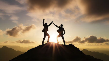 Silhouette of two businessmen standing and raise their hands together on the top of mountain with a morning sky and sunrise and enjoys the moment of success. Generative AIの素材