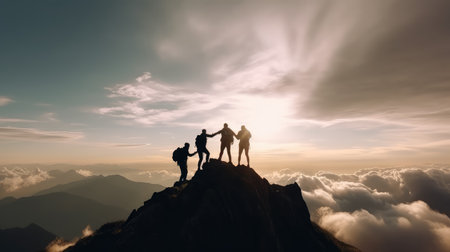 A silhouette of four men or hikers helping one another climb up to the top or peak of a mountain successfully, showcasing the power of teamwork and collaboration in achieving success.の素材