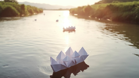 A Paper Boat Taking a Lead for Other Boats on a River, Symbolizing Leadership, Innovation, Courage, and Entrepreneurship. Generative AIの素材