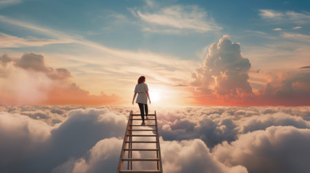 A Woman Looks at the Beautiful Sun and Sky from atop a Ladder, after Climbing through Hardship, Symbolizing Resilience, Passion, Perseverance, and Success. Generative AIの素材