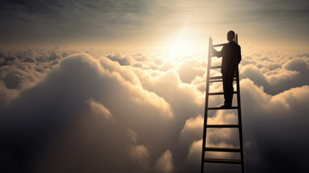 A Businessman Looks at the Beautiful Sun and Sky from atop a Ladder, after Climbing through Hardship, Symbolizing Resilience, Passion, Perseverance, and Success. Generative AIの素材