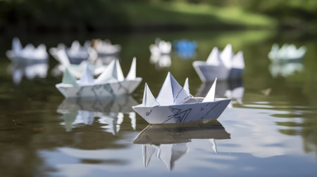 A Paper Boat Taking a Lead for Other Boats on a River, Symbolizing Leadership, Innovation, Courage, and Entrepreneurship. Generative AIの素材
