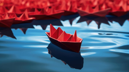 A Red Paper Boat Taking a Lead for Other Boats on a River, Symbolizing Leadership, Innovation, Courage, and Entrepreneurship. Generative AIの素材