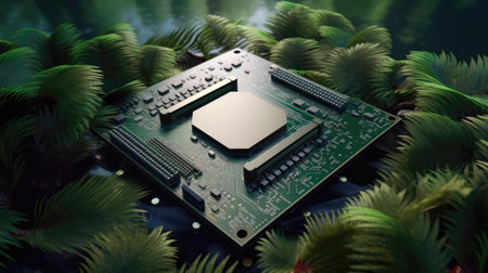 Circuit board and leaf with electronic timer. Concept of eco friendly technology. Green energy. Combination of technology and nature. Generative AIの素材