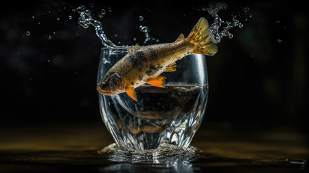 Fish leap out from a glass into a river, bigger wider environment. Concept of courage to leave the comfort zone and free oneself for better. Generative AIの素材