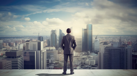 A businessman standing on top looking upon the meeting point of sky and city with Skyscrapers. Vision, Success, and Goal. Generative AIの素材