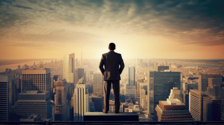 A businessman standing on top looking upon the meeting point of sky and city with Skyscrapers. Vision, Success, and Goal. Generative AIの素材