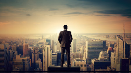 A businessman standing on top looking upon the meeting point of sky and city with Skyscrapers. Vision, Success, and Goal. Generative AIの素材