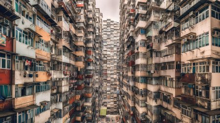 Cramped, Crowded, and Aging Apartments. Concept of Land Shortage, Housing Crisis, and Overpopulation. Generative AIの素材