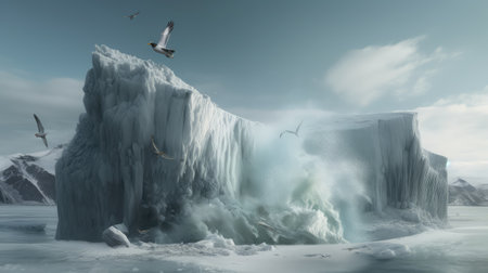 Big chunk of arctic sea ice melting and breaking off due to the climate change crisis. Iceberg breaks. Global warming and environmental collapse. Generative AIの素材