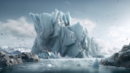 Big chunk of arctic sea ice melting and breaking off due to the climate change crisis. Iceberg breaks. Global warming and environmental collapse. Generative AIの素材