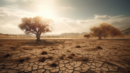 A dried lake and dying plants in summer, Drought, and water crisis. An impact of climate change. Generative AIの素材
