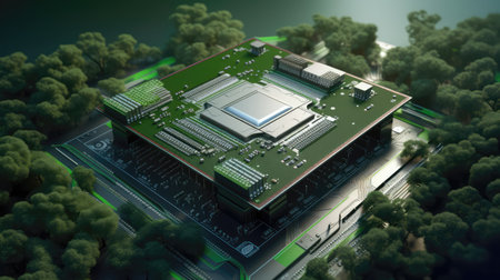 Circuit board and leaf with electronic timer. Concept of eco friendly technology. Green energy. Combination of technology and nature. Generative AIの素材