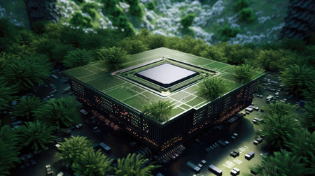 Circuit board and leaf with electronic timer. Concept of eco friendly technology. Green energy. Combination of technology and nature. Generative AIの素材