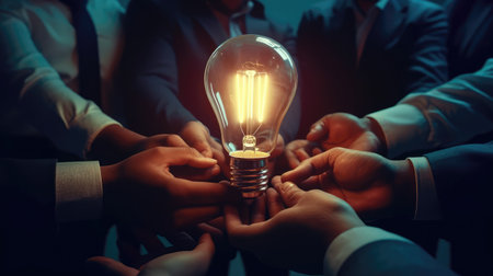 Many man's hands holding a big glowing light bulb representing great ideas to be used or applied. A moment of sharing clarity, understanding, and opportunities. Generative AIの素材