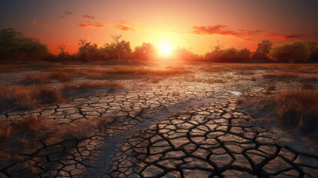 A dried lake and dying plants in summer, Drought, and water crisis. An impact of climate change. Generative Aの素材