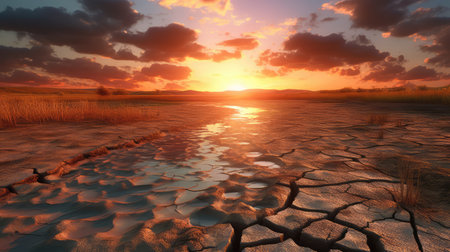 A dried lake and dying plants in summer, Drought, and water crisis. An impact of climate change. Generative Aの素材