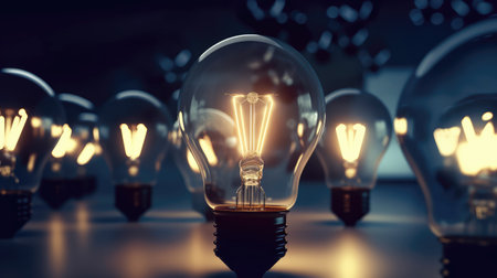 Many glowing light bulbs representing many ideas to be chosen and used.  A moment of clarity, understanding, and opportunities. Generative AIの素材
