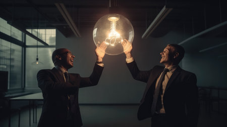 Two men's hands holding a big glowing light bulb representing great ideas to be used or applied. A moment of sharing clarity, understanding, and opportunities. Generative AIの素材