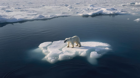 A polar bear desparately keep herself on a broken off and melting sheet of ice floating on the arctic ocean. The impact of global warming, greenhouse effect, climate change, and environmental disruption. Generative AIの素材