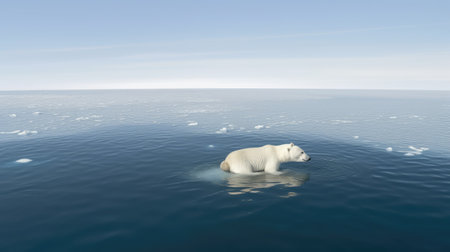 A polar bear desparately keep herself on a broken off and melting sheet of ice floating on the arctic ocean. The impact of global warming, greenhouse effect, climate change, and environmental disruption. Generative AIの素材