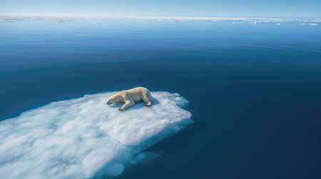 A polar bear desparately keep herself on a broken off and melting sheet of ice floating on the arctic ocean. The impact of global warming, greenhouse effect, climate change, and environmental disruption. Generative AIの素材