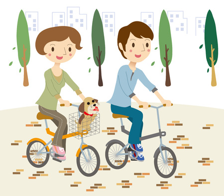 Dog with a couple riding a bicycleのイラスト素材