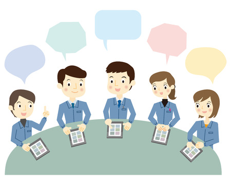 Workers to a meeting using the tablet terminalのイラスト素材