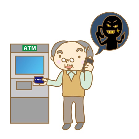 Senior man calling in front of ATMのイラスト素材