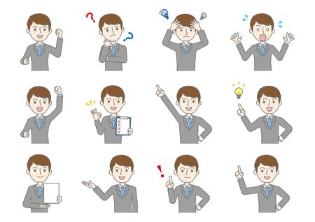 Illustration of 12 different facial expressions of a businessmanのイラスト素材