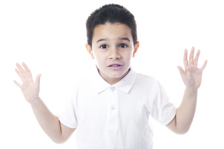 expressive child with open hands. Isolated on white.の写真素材