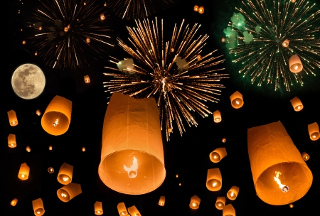 Hot Air floating lantern, Loy kratong festival, Thailandの写真素材