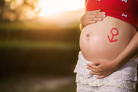 Image of pregnant woman touching her belly with handsの写真素材