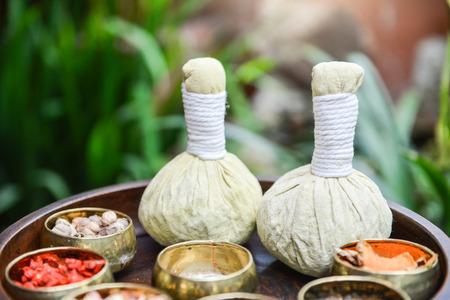 Thai traditional Herbal balls and herbの写真素材