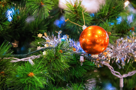 Christmas tree and decorations and lightsの写真素材