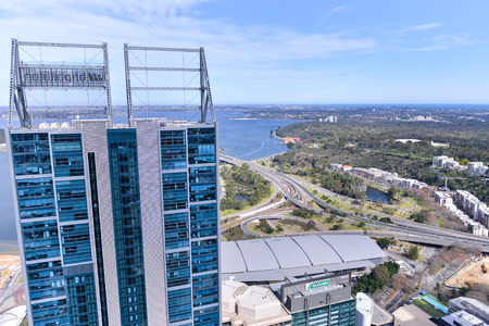 PERTH, AUSTRALIA - JUL 27, 2015: skyscrape of Perth City, is the capital and largest city of the Australian state of Western Australia, on July 27, 2015のeditorial素材