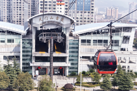 Hunan, China: FEB 29, 2016. Tianmen Shan cable car is the longest cable car ride in the world, covering a distance of 7,455 meters. The car runs from Zhangjiajie downtown up to Tianmen Shan, Chinaのeditorial素材