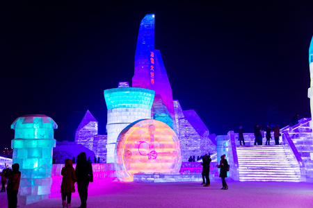 HARBIN, CHINA - JAN 21, 2017: Harbin International Ice and Snow Sculpture Festival is an annual winter festival that takes place in Harbin. It is the world largest ice and snow festival.のeditorial素材