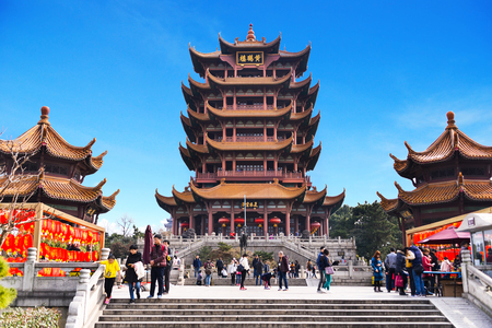 WUHAN, CHINA - JAN 24, 2017: Yellow Crane Tower against blue sky in Snake Hill, Wuhan, China. The three Chinese characters mean "yellow crane tower".のeditorial素材