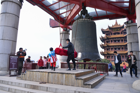 WUHAN, CHINA - JAN 24, 2017: Yellow Crane Tower against blue sky in Snake Hill, Wuhan, China. The three Chinese characters mean "yellow crane tower".のeditorial素材