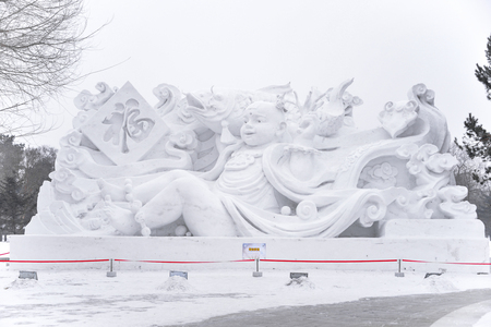 HARBIN, CHINA - JAN 21, 2017: Snow sculptures  China, Harbin Sun Island International Snow Sculpture Art Expo. Located in Harbin City, Heilongjiang, China.のeditorial素材