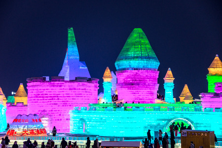 HARBIN, CHINA - JAN 21, 2017: Harbin International Ice and Snow Sculpture Festival is an annual winter festival that takes place in Harbin. It is the world largest ice and snow festival.のeditorial素材
