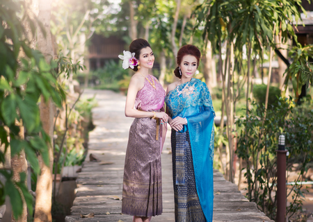 Two Beautiful Thai girls in Thai traditional costumeの写真素材