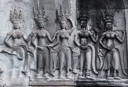 Detail of stone carvings of Apsara is a beautiful and seductive girl of Hindu mythology at Angkor Wat, Cambodiaのeditorial素材