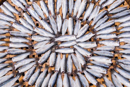 Sun dried salty fish on wooden rackの写真素材
