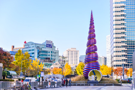 SEOUL,SOUTH KOREA - NOV 14, 2017: Shell pagoda monument near Cheonggyecheon canal. The famous landmark of Seoul City.のeditorial素材