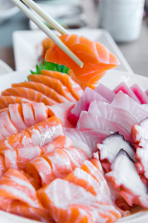 salmon sashimi set in Japanese restaurant, Japanese Foodの写真素材