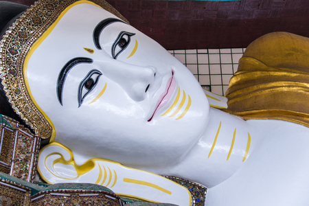 Close up Face of Shwethalyaung Reclining Buddha at Bago, Myanmarのeditorial素材