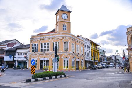 PHUKET, THAILAND -NOV 15, 2018: sino-portuguese architectural builidings on Thalang road, famous...